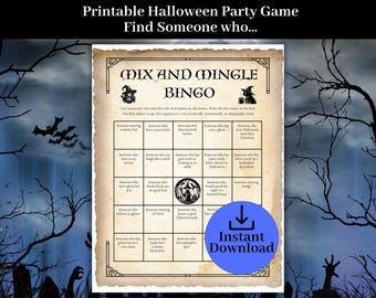 Halloween Find the Guest Mingle Bingo, Mix and Mingle Party game Icebreaker bingo, Halloween Party game, Human Bingo Find Someone Who