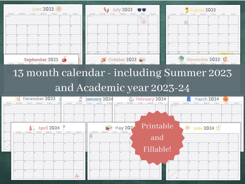 School Year Calendar 20232024 Printable Monthly Fridge Calendar 13