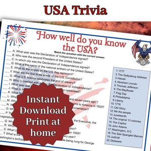 May include: A white paper sheet titled USA Trivia with the heading How well do you know the USA? featuring twenty questions about American history and a corresponding list of twenty numbered answers, decorated with a bald eagle and fireworks.