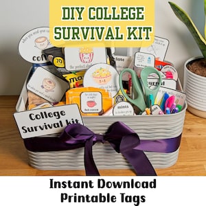 May include: A gray basket filled with college survival kit items, including snacks, stationery, and a pair of scissors. The basket is tied with a purple ribbon and includes tags with text like "coffee" and "hot cocoa". The top banner reads "DIY COLLEGE SURVIVAL KIT".