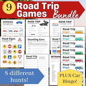Road Trip Games Bundle 9 different Scavenger Hunt games, Road Trip Bingo, Road Trip Scavenger Hunt, License Plate game, 14 page PDF