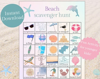 Beach Scavenger Hunt for Kids, Beach Bingo game, Printable Scavenger hunt beach vacation activity