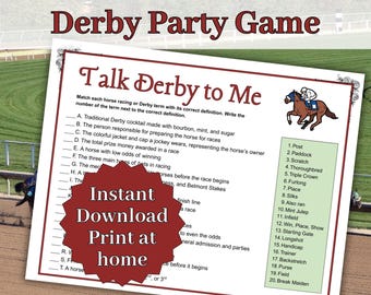 Derby Party Game, Printable Game for your Kentucky Derby Party, Talk Derby to Me, Horse Racing Trivia game, Derby Trivia, Office Party game