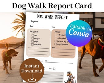 Puede incluir: Una "Dog Walk Report Card" imprimible con campos para el nombre del perro, la fecha, el nivel de energía y el comportamiento. La tarjeta incluye el texto "Editable in Canva" y "Instant Download". Se muestran dos perros en el fondo.