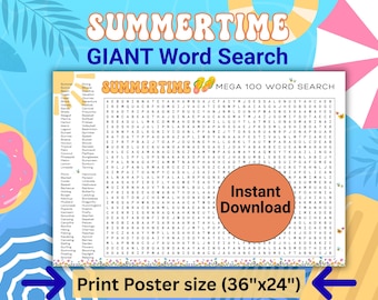 Giant Summertime Word Search Puzzle, Printable Large Word Seach, Summer themed puzzle Instant Download, Summer activity for kids and adults