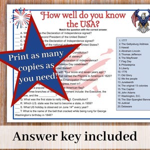 May include: A white paper trivia game titled How well do you know the USA? featuring a blue star overlay with the text Print as many copies as you need! The sheet includes twenty numbered questions and answers, a bald eagle graphic, and Answer key included.