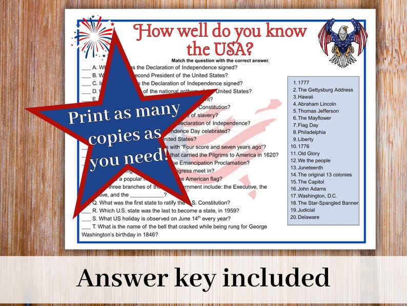May include: A white paper trivia game titled How well do you know the USA? featuring a blue star overlay with the text Print as many copies as you need! The sheet includes twenty numbered questions and answers, a bald eagle graphic, and Answer key included.