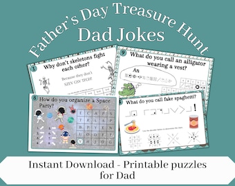 Vatertags-Schnitzeljagd, lustige Vatertagskarte-Schatzsuche für Papa, druckbares Spiel, Papa-Witze-Puzzle-Spiel, lustige Vatertagsaktivität