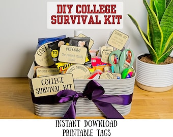 College Survival Kit Printable Labels, DIY Graduation Gift basket, EDITABLE canva template, College Care package, University send off gift