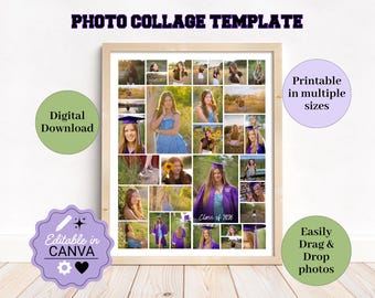 Senior Portrait Collage Template, Editable Graduation Photo Collage, Grad Party Decor, Senior Memory poster, Grandparents gift