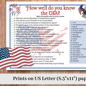 May include: A printable trivia game sheet titled How well do you know the USA? featuring a list of questions and answers about American history, decorated with a bald eagle, fireworks, and a faded U.S. flag background on 8.5x11 inch paper.