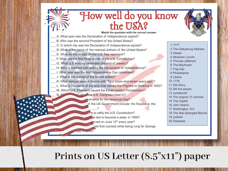 May include: A printable trivia game sheet titled How well do you know the USA? featuring a list of questions and answers about American history, decorated with a bald eagle, fireworks, and a faded U.S. flag background on 8.5x11 inch paper.