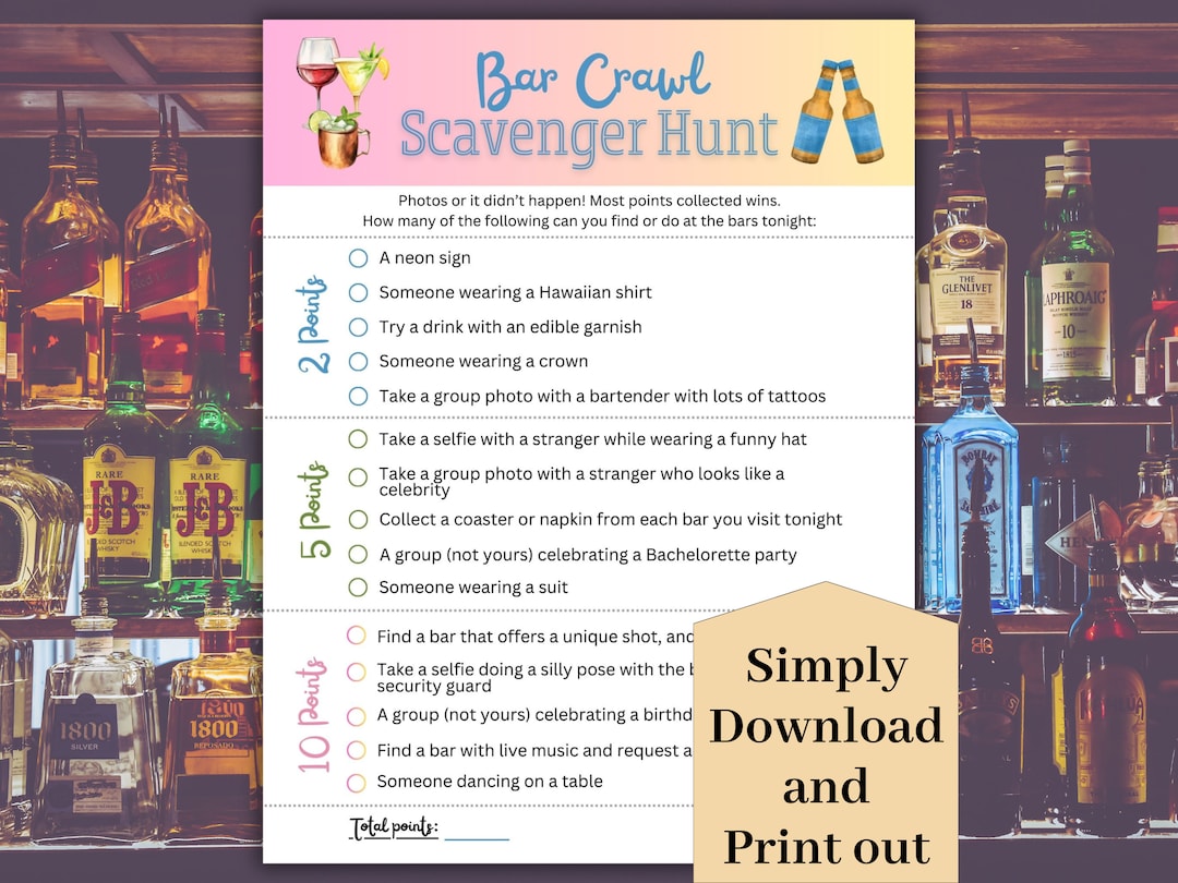 Bar Crawl Scavenger Hunt, Bachelorette Scavenger Hunt, Girls Night Game