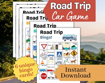 Road Trip Bingo Printable Car Game Set of 6 Bingo Cards, Road Trip Games for your Family Road trip, Summer Travel fun