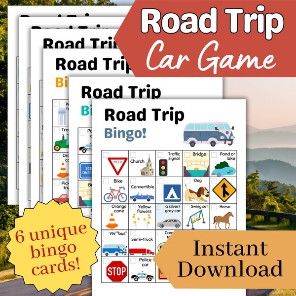 Road Trip Bingo Printable Car Game Set of 6 Bingo Cards, Road Trip Games for your Family Road trip, Summer Travel fun