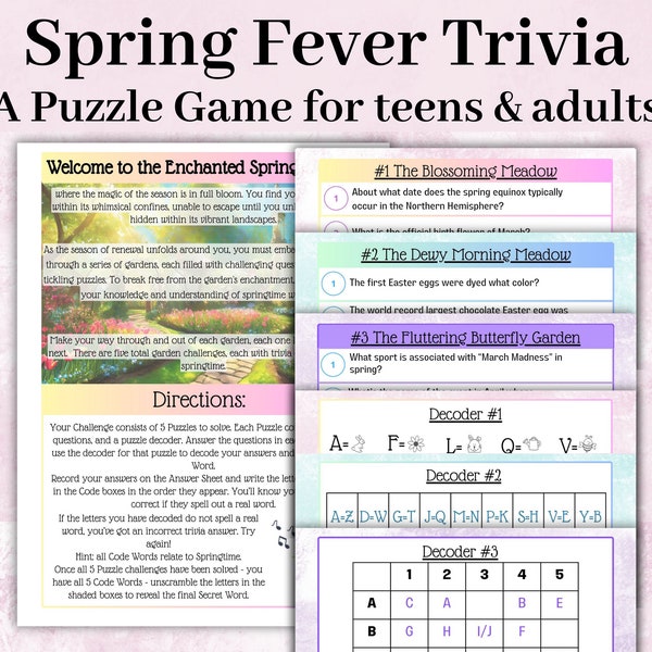 Spring Trivia Game, Spring Easter Trivia Escape Room game for Teens Tweens and Adults, Spring Fever Trivia Challenge, Escape room game kit