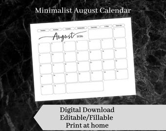 August 2026 Calendar, Printable August Calendar, Editable and Fillable, Sunday start and Monday start, Instant Download