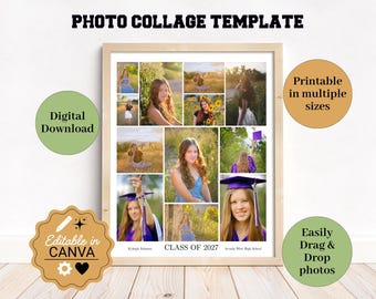 Graduation Photo Collage, Editable Senior Portraits Collage Template, Senior Memory Poster, Grad Party Decor, Grandparents Gift