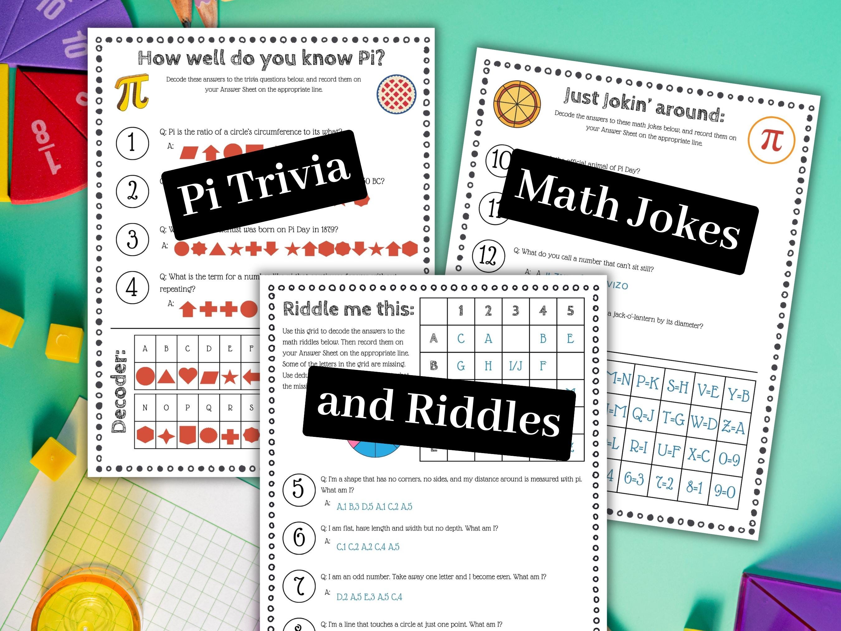 Pi Activity Math Puzzle Game Classroom Pi Activity, Pi Trivia, Math Riddles ...
