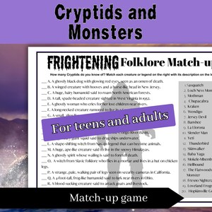 Paranormal Creatures Trivia, Spooky Match up game for teens and adults, Printable Halloween Party game, Cryptids and monster quiz game