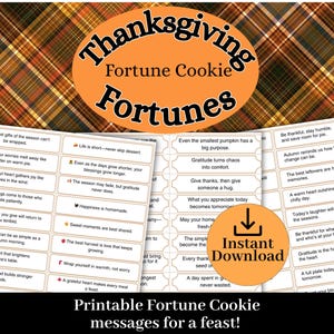 May include: Printable Thanksgiving Fortune Cookie messages. The image features three sheets of fortune cookie fortunes with various sayings. The background is a plaid pattern in orange, brown, and yellow. The words "Thanksgiving Fortune Cookie Fortunes" are at the top.