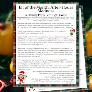 May include: A festive holiday party game titled "Elf of the Month: After-Hours Madness." The game's instructions and story are printed on a white paper with a green and red border, with a cartoon elf illustration.