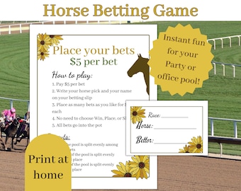 Juego de apuestas para fiestas de Preakness, juego de apuestas para fiestas de carreras de caballos del Derby, juegos de apuestas para fiestas en casa, juego de apuestas de carreras de caballos imprimible