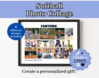 Bearbeitbares Softball-Fotogeschenk, benutzerdefinierte Fotocollage Softballspielergeschenk, Senior Night Athlete Poster, Canva Template Softball-Team-Andenken