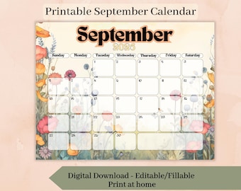 Printable September Calendar, September 2026 editable Fillable month Calendar, Sunday Start and Monday Start, Digital Download Print at home