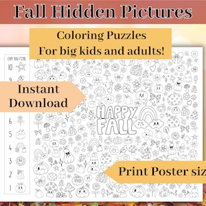 Könnte beinhalten: Ein Schwarz-Weiß-Malpuzzle mit dem Text "Fall Hidden Pictures" und "Coloring Puzzles For big kids and adults!". Das Puzzle zeigt herbstliche Illustrationen, darunter Kürbisse, Blumen und Regenbogen. Text enthält "Instant Download" und "Print Poster size!"