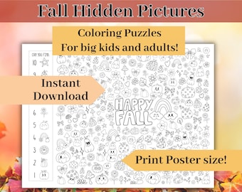 Fall Hidden Objects Coloring Puzzle Poster, Thanksgiving Search and Find Printable puzzle, Hidden Pictures Pumpkins, Hidden Images picture