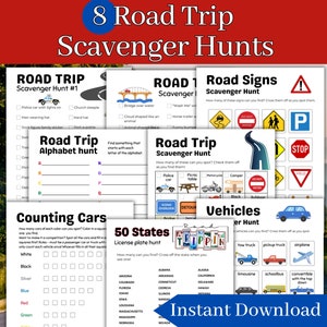 Road Trip Scavenger Hunt, Printable Road Trip Games Set of 8 Kids games Road Trip Bingo, License Plate Game