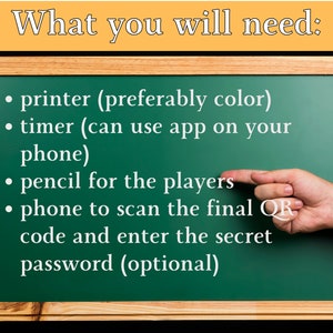 May include: A green chalkboard with a wooden frame lists the supplies needed for a game or activity. The list includes a printer, timer, pencil, and phone. The text "What you will need:" is written in yellow at the top of the board.