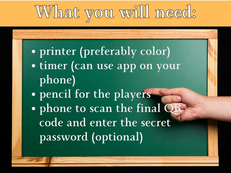 May include: A green chalkboard with a wooden frame lists the supplies needed for a game or activity. The list includes a printer, timer, pencil, and phone. The text "What you will need:" is written in yellow at the top of the board.