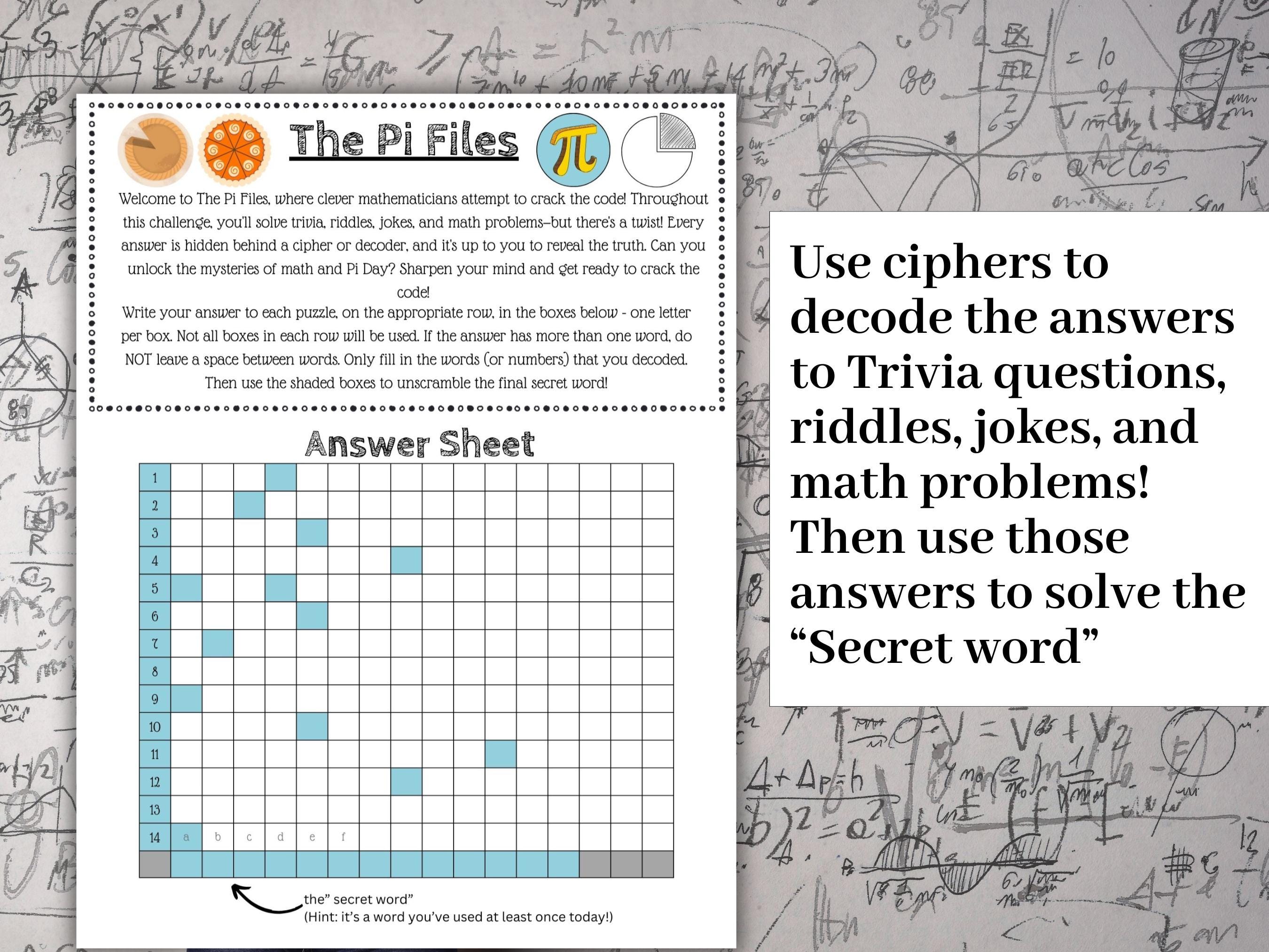Pi Activity Math Puzzle Game Classroom Pi Activity, Pi Trivia, Math Riddles ...