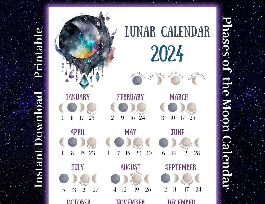 Lunar Calendar 2024 Printable Moon Phase Calendar Witchy Art Etsy