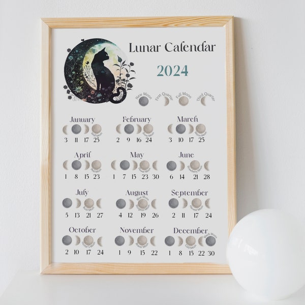 2024 Lunar Calendar Printable Moon Calendar, Phases of the Moon calendar, Witchy Art Black Cat, Track Phases of the Moon, Instant Download