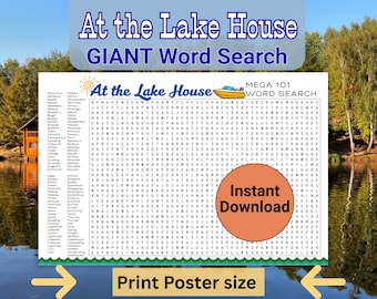 Giant Word Search Puzzle, Printable Lake House Poster puzzle, Large Word Hunt Puzzle, Lake Cabin Themed Puzzle Summer activity