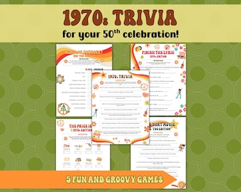 50. Geburtstag Spiele, druckbare Partyspiele zum 50-jährigen Jubiläum, 70er Jahre Party, 1970er Jahre Trivia. Beende die Songtexte, Eisbrecher-Spiele