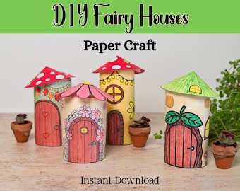 Papier Feenhaus druckbare Vorlagen, Färbung Handwerk, DIY Papier Fairytale Cottages, Farbe schneiden und montieren für Kinder oder Erwachsene