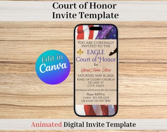 EDITIERBARE Animierte Hochzeitseinladungsvorlage, Digitale Evite Adler-Zeremonie, Druckbare Invite Canva-Vorlage, Pfadfinder-Ehrengerichtsvorlage