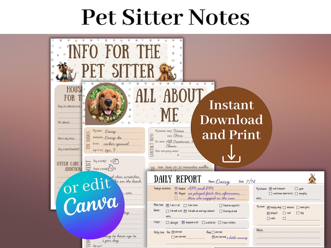 Pets Design Note Dog Report Card, Pet Sitter Notes, Dog Sitter Instructions, Editable ...