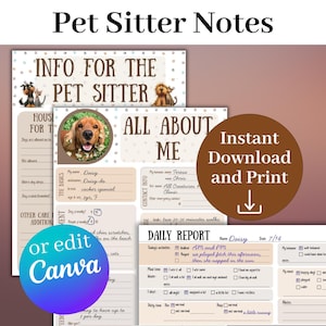 May include: Pet sitter notes printable. Includes "Info for the Pet Sitter", "All About Me", and "Daily Report" forms. Features a photo of a dog, and the option to edit in Canva. Instant download and print.