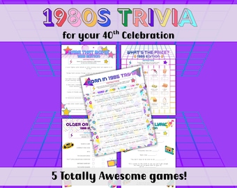 80s Trivia Printable party games, 40th Birthday games, 40th Anniversary, 80s Theme party, 40th Reunion, 1980s Trivia, Ice Breaker Games