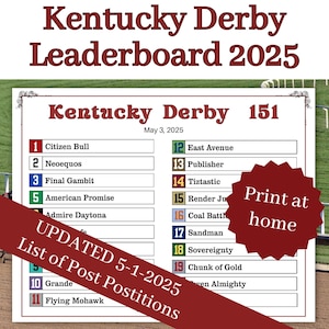 Lista de classificação do Derby para impressão de cavalos e posições de postagem, inclui arquivo ampliado para impressão em tamanho de pôster