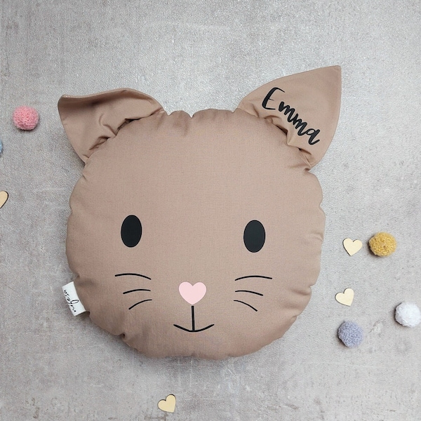 Kissen Katze personalisierbar | Kissen mit Namen | Bio-Baumwolle | Kuschelkissen | Tierkissen | Kinderkissen | Geschenk Geburt | Deko Baby
