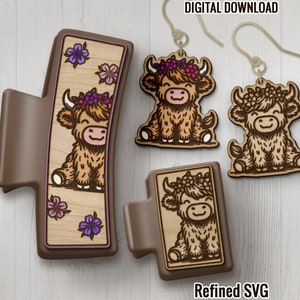 Cute Highland Cow Hair Clip SVG, Matching Earring File, Highland Cow Claw Clip SVG, Highland Cow Hair Clip Design Files, Acrylic Earring SVG