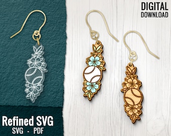 May include: A pair of wooden earrings with a baseball and floral design. The earrings are light brown with white and blue accents. The earrings are hanging from gold hooks.