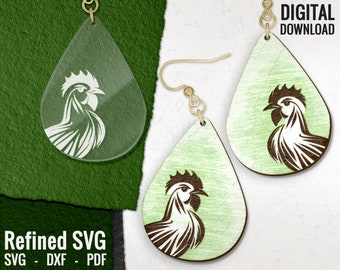 Chicken Earring SVG, Hen Laser Engraved Earring File, Chicken Wooden Earring SVG, Animal Earring Cut File, Glowforge Jewelry, Commercial Use