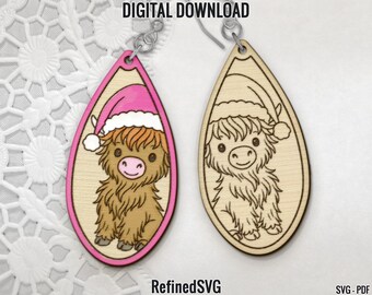 Highland Cow Santa Earring SVG File: Laser Cut Animal Design (Digital Download